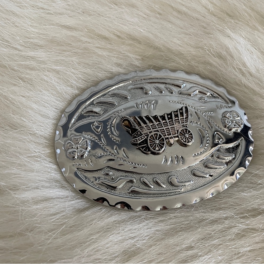 Vintage Silver Tone Western Belt Buckle with Wagon Decal